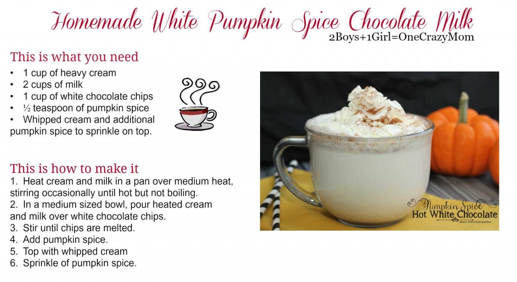 Homemade White Pumpkin Spice Chocolate Milk #Recipe card