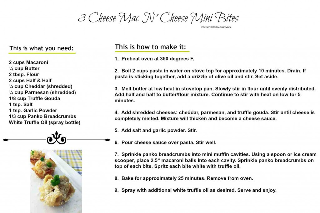 3 Cheese Mac N Cheese Mini Bites #Recipe Card