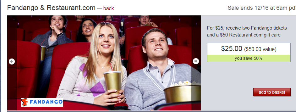 Hot Movie Deal! 2 Fandango Movie Tickets and a $50 Restaurant.com Gift card for $25!!